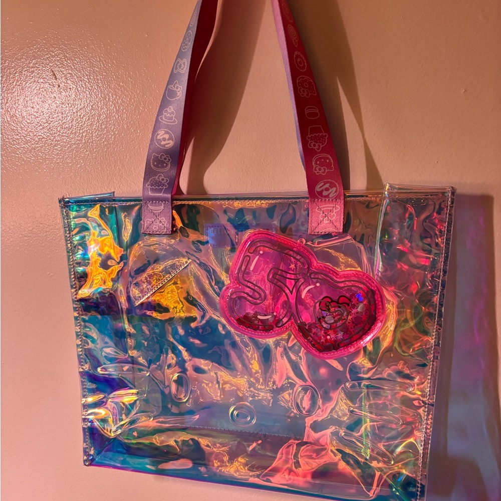 Iridescent Holographic Clear Tote Bag with Pink Heart Accent